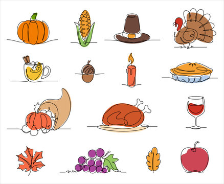 thanksgiving day colored line icon in continuous line drawing