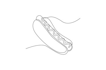 Single one line drawing Hot dog with ketchup and mustard. World food day concept. Continuous line draw design graphic vector illustration.