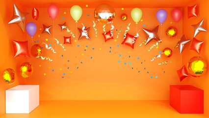 Party room colorful decoration by balloon for birthday party and event or product display, 3D rendering.
