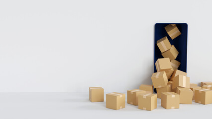 Cardboard box parcel overflow from smartphone display, online delivery concept, 3D rendering.