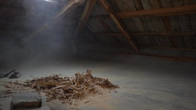 Dust In Attic After Cleaning Up The Framework of Dead Wood During Renovation