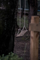 Columpio de madera en medio del bosque