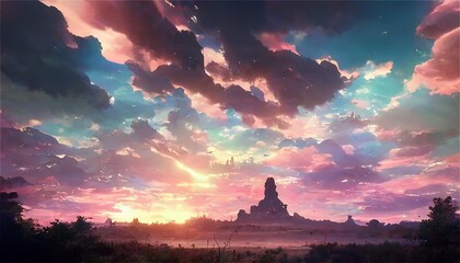 イラスト 夕日 草原 丘 青空 雲 風景