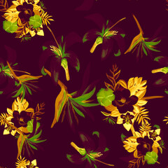 Golden Seamless Hibiscus. Autumn Pattern Art. Yellow Flower Vintage. Gold Tropical Background. Orange Watercolor Palm. Summer Plant. Decoration Design.