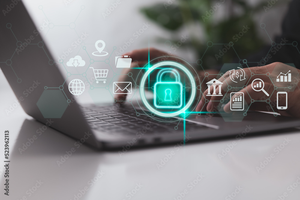 Poster Security and privacy concepts for data. The lock symbol and internet network security. In this video, a businessman protects personal data using virtual screens.