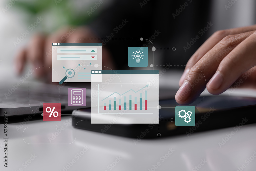 Poster online business management courses and consulting. executive networking and financial chart analysis
