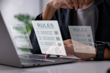 Businesspeople read rule lists and create checklists. Company order, rule, and regulations.