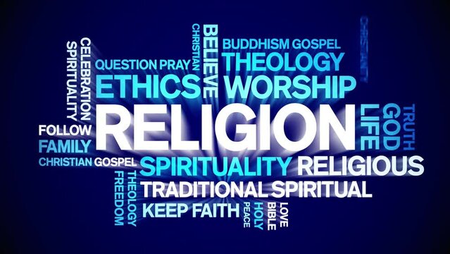 Religion animated tag word cloud;text design animation kinetic typography seamless loop.