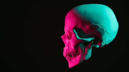 human skull with pink green neon light on dark background