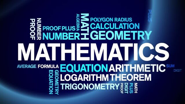 Mathematics animated tag word cloud;text design animation kinetic typography seamless loop.