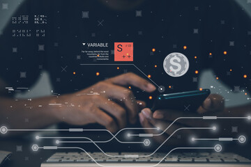 Business man using mobile smart phone with global internet network big data connection metaverse application technology and finance banking digital market payment, future virtual digital interface