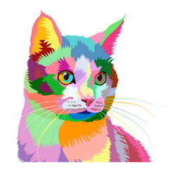 Rainbow portrait of a cat with multi-colored eyes