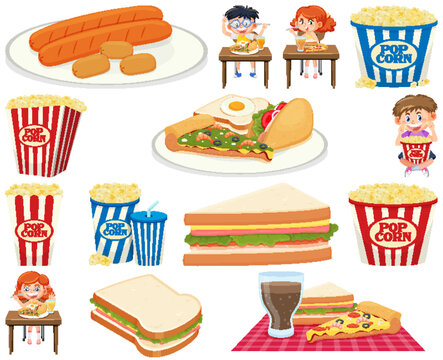 Set of different junk foods and kids