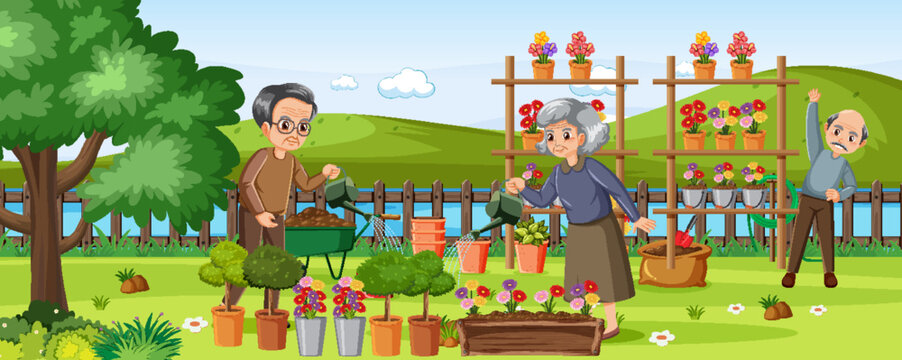Elderly couple gardening on white background