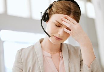 Burnout, headache and stressed call center agent working with problem, bad mental health or...
