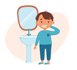 Cute boy brushing teeth vector illustration. Child stands at the sink with a mirror and performs morning bath procedures. Daily routine. Schedule. Illustration on abstract background