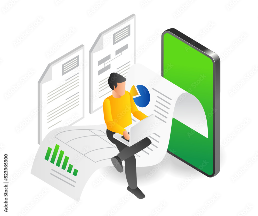 Poster Man sitting on a smartphone application data analysis paper