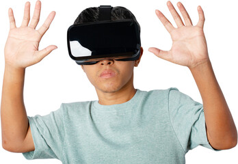 Young man using VR virtual reality headset.