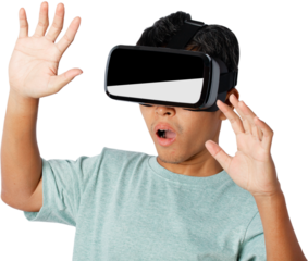 Young man using VR virtual reality headset.