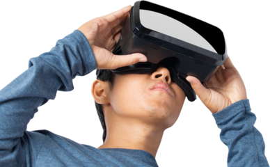 man using virtual reality headset isolated on white background. clipping paths.