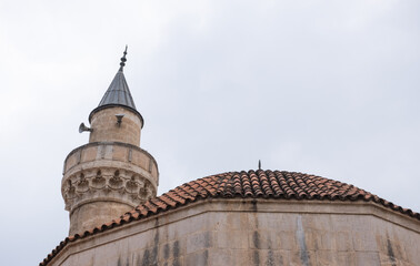 historical hasanaga mosque. tile dome and minaret. Adana, Turkey.