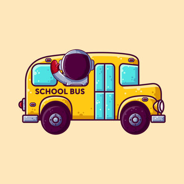 Cute Astronaut School Bus Cartoon Vector Illustration. Cartoon Style Icon or Mascot Character Vector.