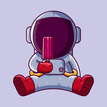 Cute Astronaut Eating Popsicle Cartoon Vector Illustration. Cartoon Style Icon or Mascot Character Vector.