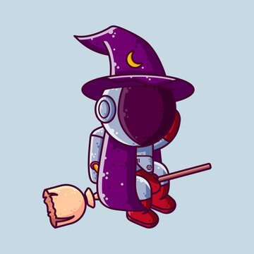 Cute Astronaut Witch Flying Broom Halloween Cartoon Vector Illustration. Cartoon Style Icon or Mascot Character Vector.