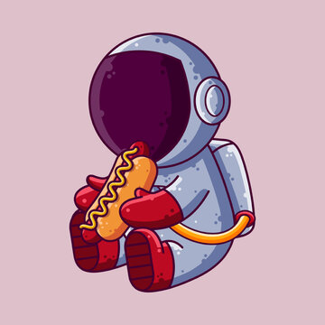 Cute Astronaut Eating Hot Dog Cartoon Vector Illustration. Cartoon Style Icon or Mascot Character Vector.