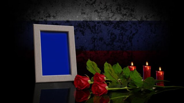 Memorial Day Card. With the Flag of Russia in the Background. Looped. Photo or Video can be Placed in Blue Frame.	