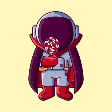 Cute Astronaut Dracula Vampire Halloween Cartoon Vector Illustration. Cartoon Style Icon or Mascot Character Vector.