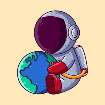 Cute Astronaut Holding Earth Cartoon Vector Illustration. Cartoon Style Icon or Mascot Character Vector.