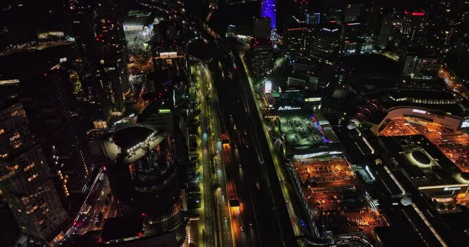 Mexico City Aerial v66 drone flyover highway la marquesa with night traffics, capturing shopping mall high rise buildings and towers on santa fe avenue - Shot with Mavic 3 Cine - January 2022