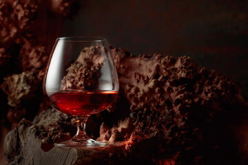 Snifter of brandy on an old dried snag.