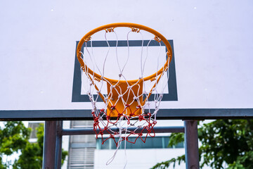 A view of a basketball hoop and background at an outdoor park.