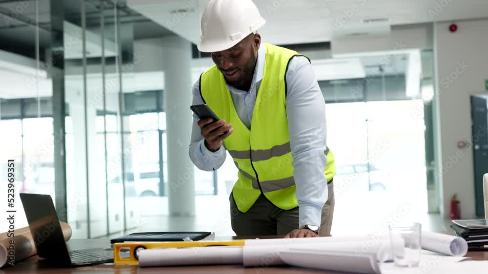 Poster Planning, paperwork and talking architect on phone call, networking and discussing building plan at work alone. Logistics worker, employee or handyman designing a blueprint and working on a project
