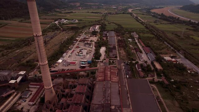 Aerial view of disaffected coal power plant, at sunset
