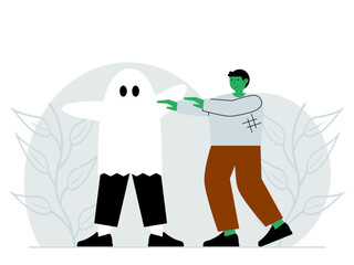 Halloween costume party. Ghost and Frankenstein Halloween Monster costumes. Halloween vector illustration.