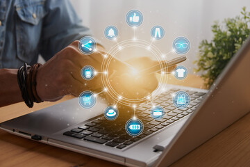 Casual Businessman Hand Touching Mobile Phone Screen and Blue Online Shopping Sign