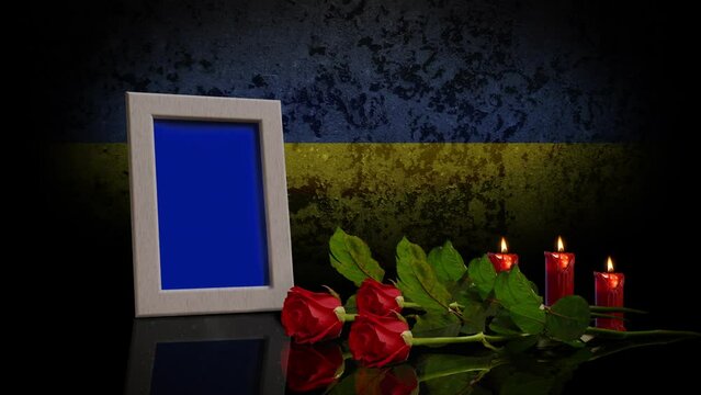 Memorial Day Card. With the Flag of Ukraine in the Background. Looped. Photo or Video can be Placed in Blue Frame.	