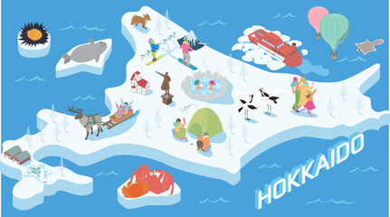冬の北海道のグルメやアクティビティ、観光スポットをまとめたアイソメイラスト