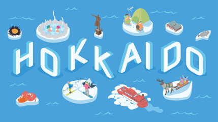 冬の北海道のグルメやアクティビティ、観光スポットをまとめたアイソメイラスト