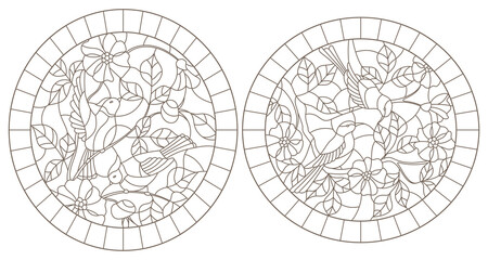 Set contour illustrations of stained glass with birds, dark outlines on a white background