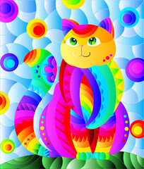 Illustration in stained glass style with abstract cute rainbow cat on a blue background