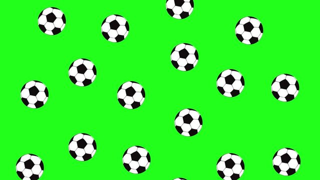 Soccer balls falling through the green screen. Football animation with balls coming down the screen on chroma key background. Sport concept, Brazilian football, leisure
