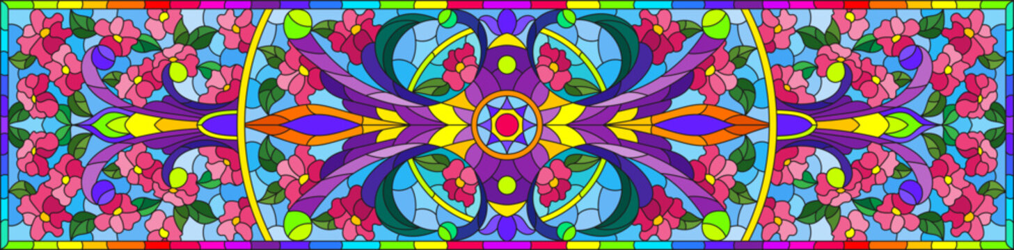 Stained glass illustration with abstract flowers and swirls on a blue background , rectangular image