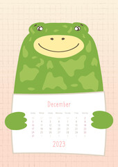 2023 december calendar, cute frog holding a monthly calendar sheet, hand drawn childish style.