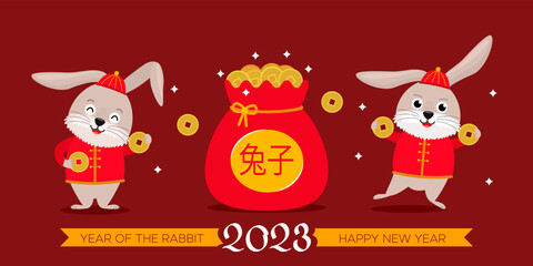 set of cute rabbits in traditional chinese costume with golden money. happy chinese new year. 2023 greeting card.