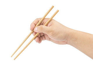 Right asian Hand holding wooden chopsticks isolated on white background.picking or selecting object something