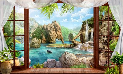 The sea with waterfalls on the background of mountains and rocks with natural bas-reliefs. Photo wallpapers.